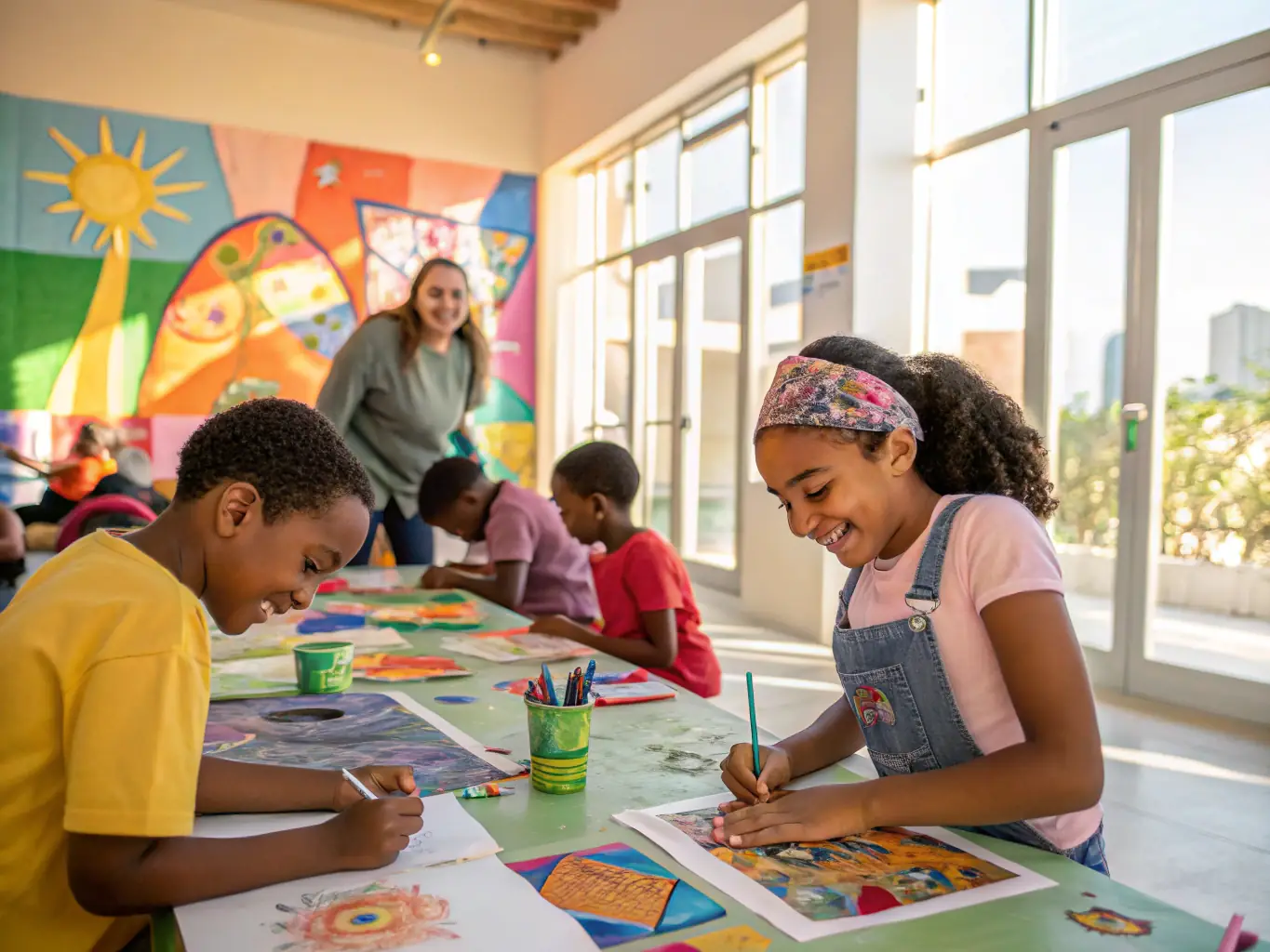 A group of children participating in an arts and crafts session at FOYER RURAL NANCRASSIEN, showcasing creativity and community engagement.