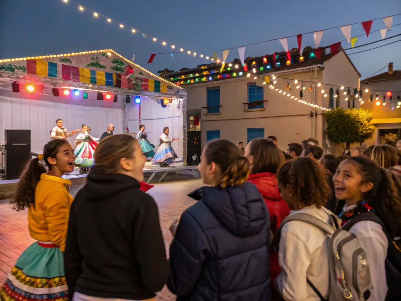 A vibrant photograph capturing a group of children and adults engaged in a traditional French dance during a cultural festival organized by FOYER RURAL NANCRASSIEN, showcasing community spirit and cultural heritage.
