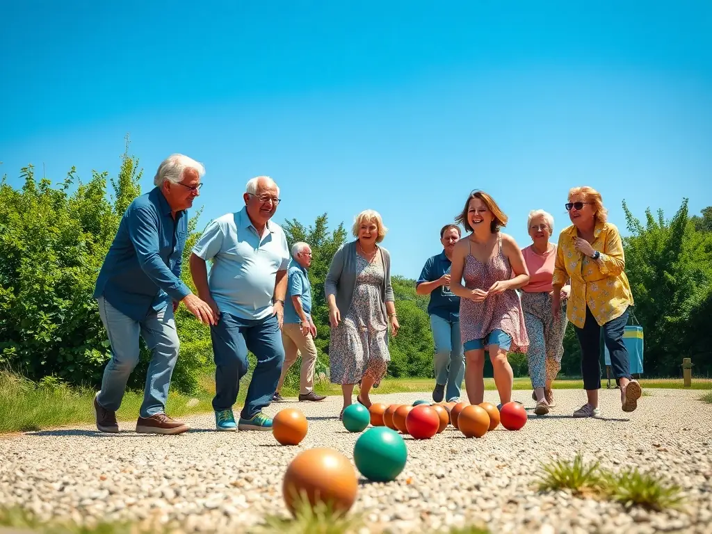 An action shot of children and adults playing a game of pétanque in a local park, highlighting the recreational sports programs offered by FOYER RURAL NANCRASSIEN.