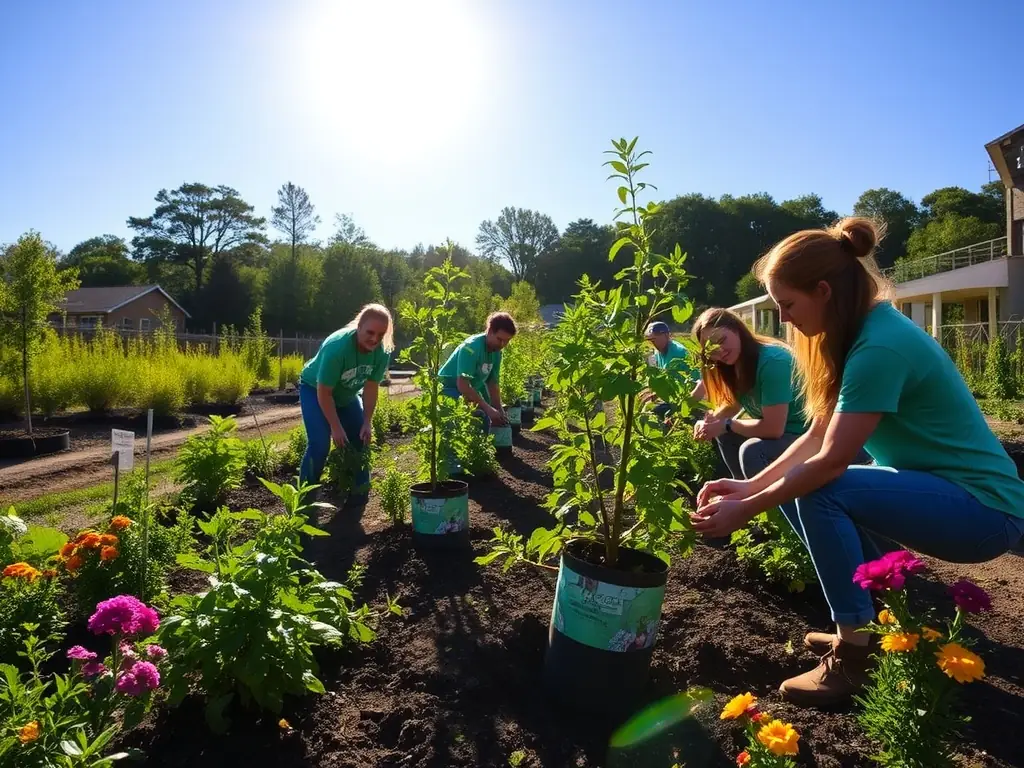 A photograph of a group of volunteers planting trees in a community garden, illustrating the environmental initiatives supported by FOYER RURAL NANCRASSIEN.