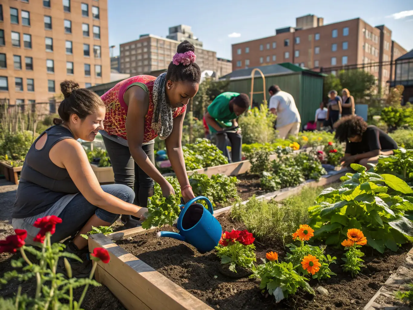 A group of local residents participating in a community gardening project, planting vegetables and flowers together, symbolizing the organization's commitment to environmental initiatives and community engagement.